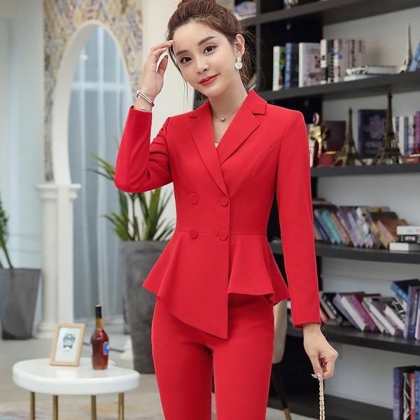

women's two piece pants office lady formal work wear pant suit for women black navy blue red 2 set irregular double breasted blazer tro, White