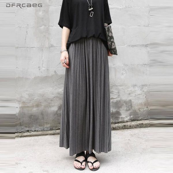 

skirts autumn winter cotton elastic high waist maxi womens fashion streetwear vintage falda pleated long skirt female saia longa, Black