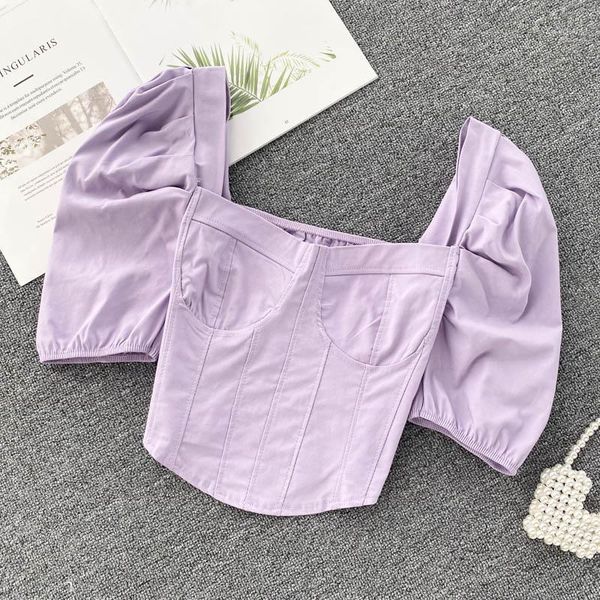 

women's t-shirt puff sleeve crop clavicle square collar girl sexy, White