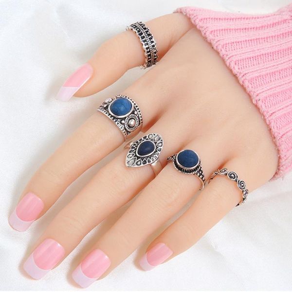 

wedding rings bohemian vintage auspicious clouds blue crystal 5pcs/set circle midi set of for women party birthday gift, Slivery;golden