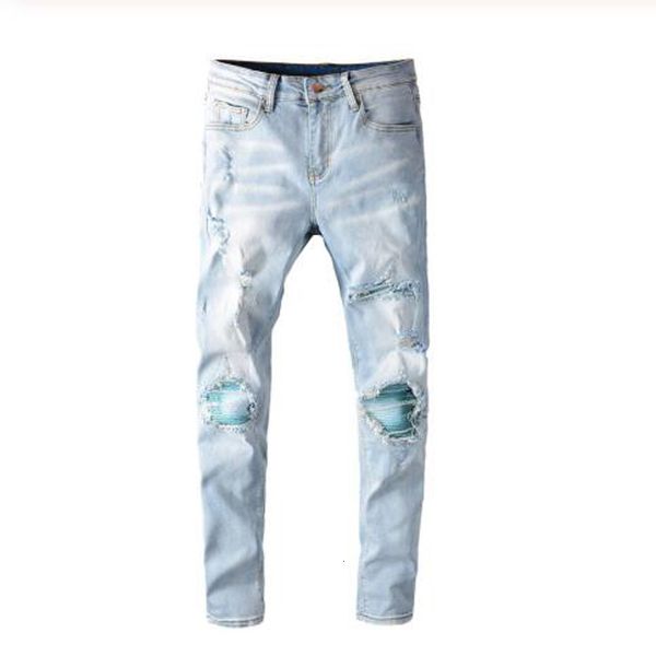 

2021 new men's male fashion light blue patchwork ripped biker jeans streetwear slim ny holes distressed stretch denim pants qvbk