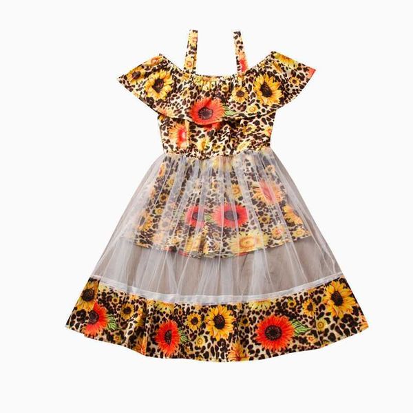 100% Baumwolle Strapsoverall Sonnenblume Fancy Mesh Kleid Kinderkleidung Mädchen 2 bis 6 Jahre Frühling Sommer Tragen Zwei Farben Mode Q0716
