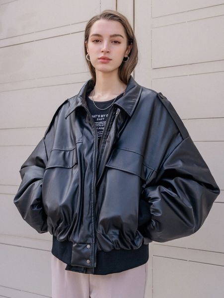 

coldbreak solid pu leather winter coat y11l#, Black