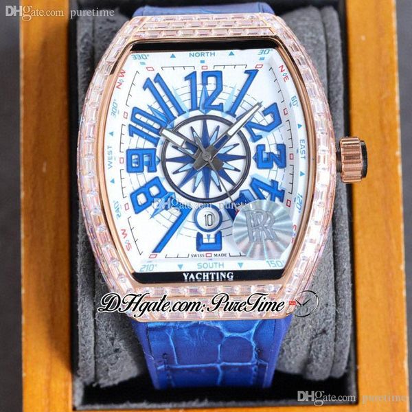 RF Vanguard V45 SC DT A21J Automatik-Herrenuhr, 18 Karat Roségold, Gehäuse mit Diamanten, weißes Zifferblatt, große Zahlenmarkierungen, blaues Leder, Gummi, glitzernde Schmuckuhren, Puretime F03H8