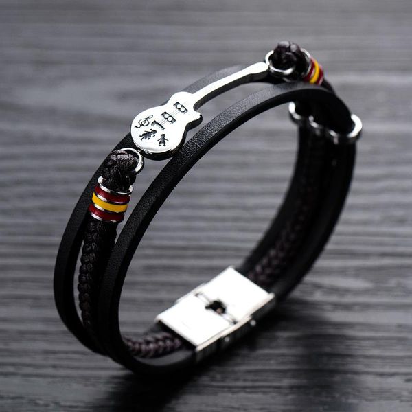 

charm bracelets punk men's leather bracelet guitar multi-layer woven rope for boyfriend, Golden;silver