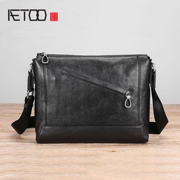 

HBP AETOO Men's Bag Leather Single Shoulder Bag Male Trend Fashion Casual Oblique Cross Baotou Layer Cowhide Bag, Black