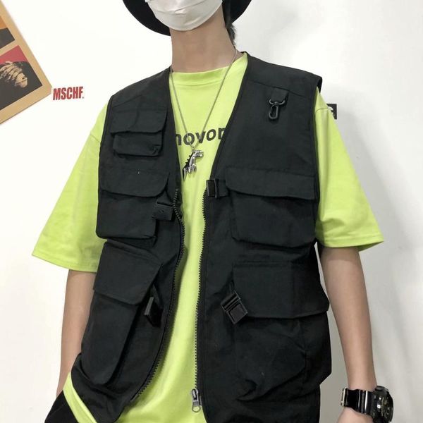 

men's vests mens fashion tooling vest streetwear cargo hip hop sleeveless jacket gilet military multi-pocket outdoors tactical coat -40, Black;white