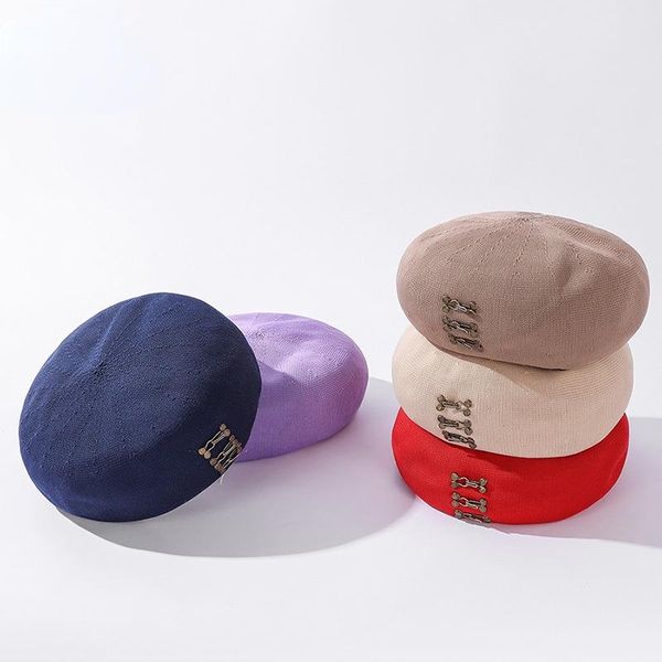 

berets 2021 women's hat beret bonnets for women designer winter sboy caps metal copper buckle painter tide, Blue;gray