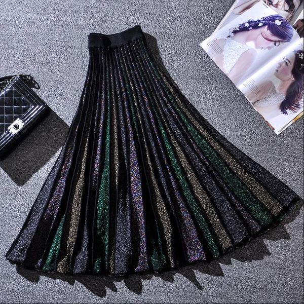 

elegant pleated skirt women 2021 spring glitter knitted midi skirts women bling a line sweater skirt lady retro shiny skirt, Black
