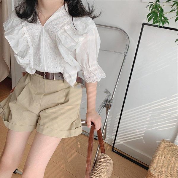 

clothing sets summer girls' simple splicing lace v-neck blouse+shorts+belt suit baby kids clothes children, White