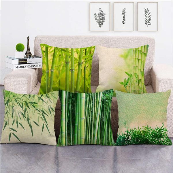 Cuscino/cuscino decorativo Fodera per cuscino con motivo foresta di foglie di bambù verde Serie di dipinti a inchiostro cinese Federa decorativa in lino