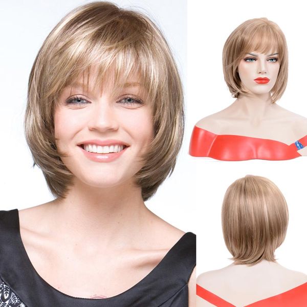 

womens fashion bob wigs straight short brown hair heat resistant synthetic wigs with bangs natural full wig pelucas, Black