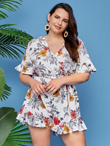 

plus floral print ruffle trim self belted wrap romper b80q#, Black