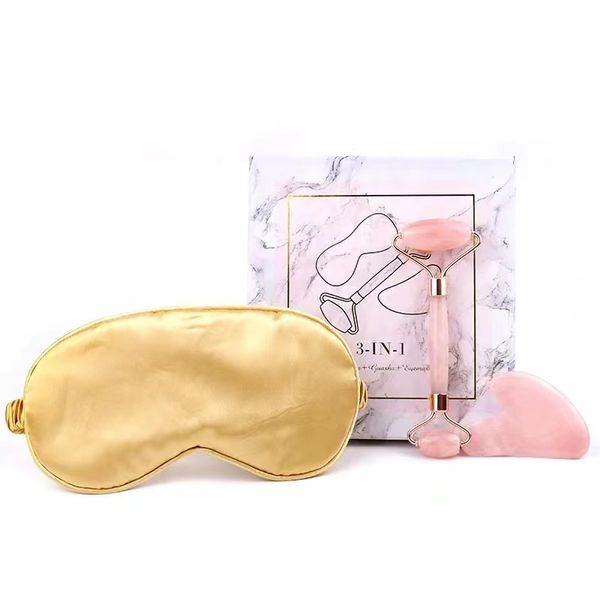 Rosas de quartzo Rosa Roller Gua Sha Tool e Silk Sleeping Máscara Conjunto Facial Cuidado Massagem Natural Jade Stone Health Anti Wrinkle Cellulite Beauty Relax Produto 3 em 1kit