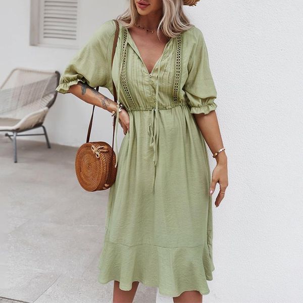 

casual dresses 40# women's fashionable vintage elegant dress solid color v-neck short-sleeved long high-waist beach vestido, Black;gray