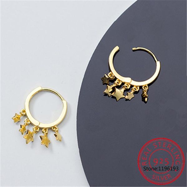 

hoop & huggie real 925 sterling silver earrings for women five-pointed star tassel hoops zircon korean gold jewelry pendientes, Golden;silver