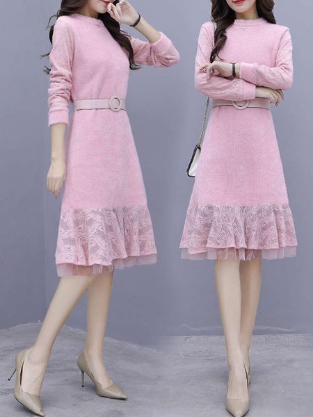 

knitted dress autumn and winter 2021 new women's clothing overcoat over the knee with lace fishtail bottom skirt, Black;gray