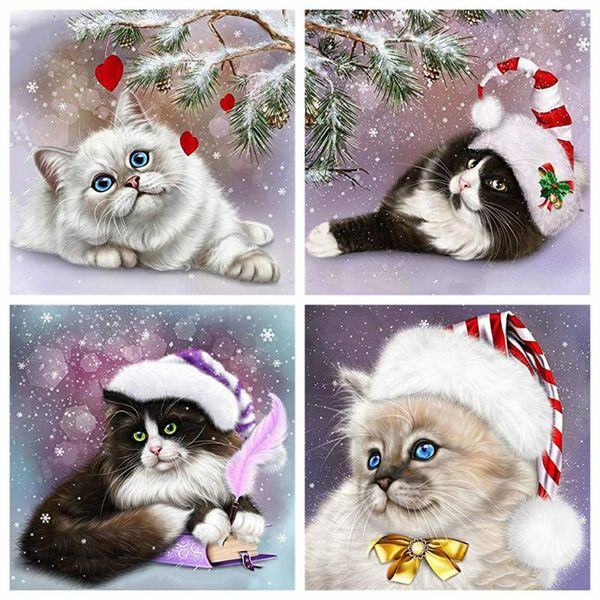 

diamond painting canvas size 5d cat needlework diy embroidery christmas hat mosaic cross stitch animal home decor gift