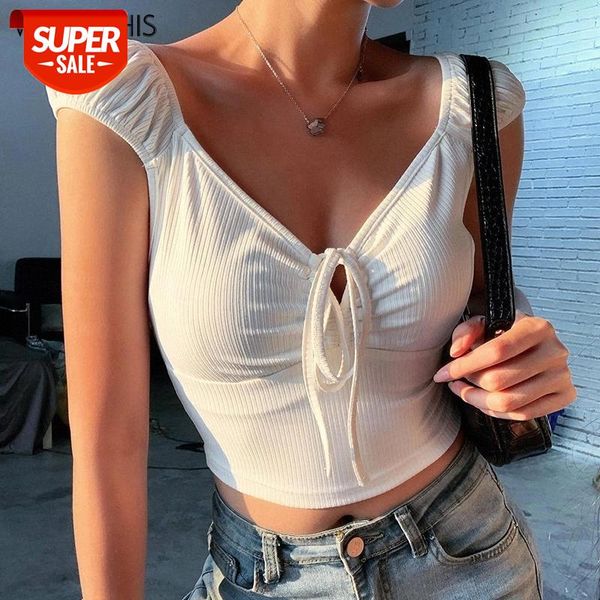 

wannathis v-neck short sleeve lace up crop women slim elastic front drawstring solid cotton fashion summer cropped shirts #cp3u, White