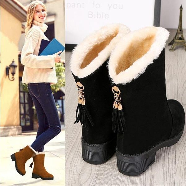 

boots winter snow female 2021 plush thickened flat bottomed student thick heel tassel cotton shoes warm, Black