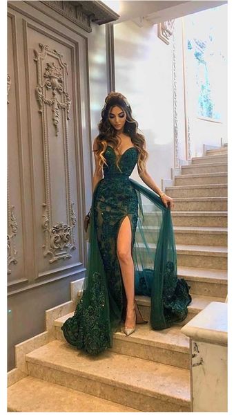 

2021 dark green muslim evening dresses sweetheart side slit detachable train lace sadi arabic vestaglia donna prom gowns abendkleider, Black;red