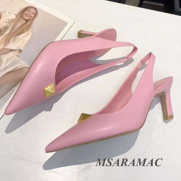 

elegant pink metal rivet high heel sandals leather pointed toe women's dress shoes summer party shoes, Black