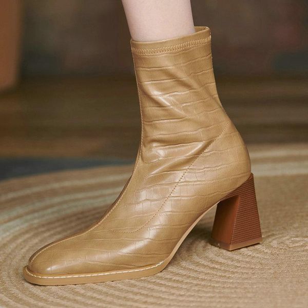 

boots side zipper high heels female square toe winter ankle women genuine leather party wedding shoes woman, Black