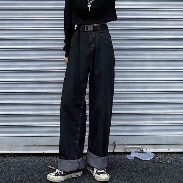 

women's shorts jeans, black high waist, autumn, korean, retro, broad leg, mop, loose straight pants, fashion 1cit, White;black