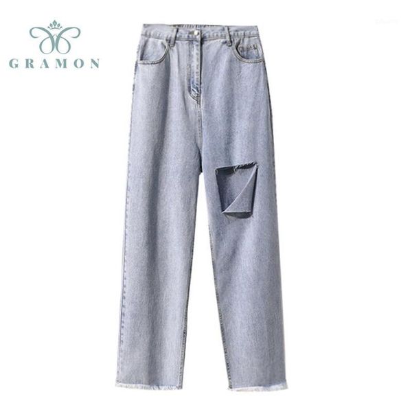 

women's jeans pants feminina plus size denim ripped hole trousers streetwear washed blue wide leg 2021 autumn fashion women