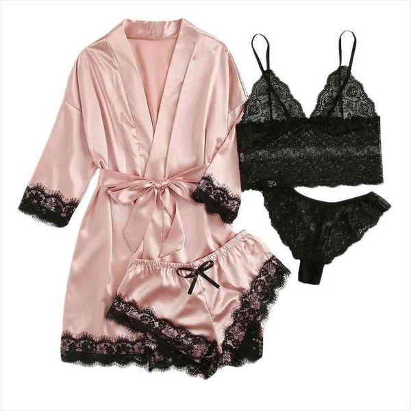 

4pcs floral lace trim womens sleepwears satin cami pajama set with robe bra camisole shorts lingerie a8, Black;red