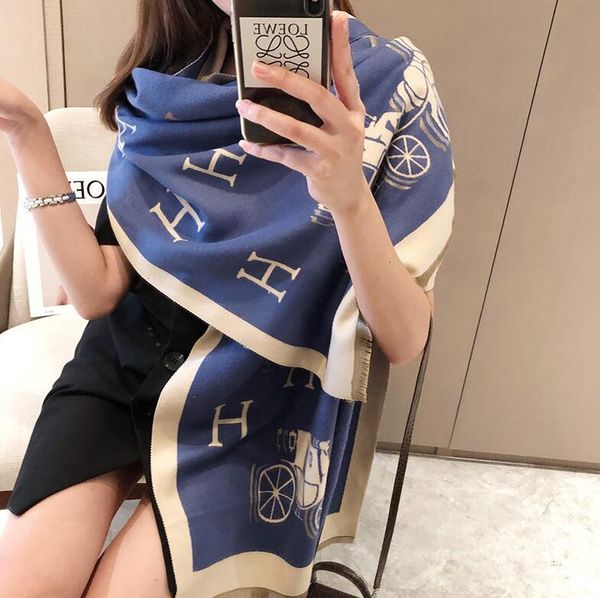 

new autumn and winter h carriage mid-length imitation cashmere scarf woman retro bib thick warm female shawl cloak, Blue;gray