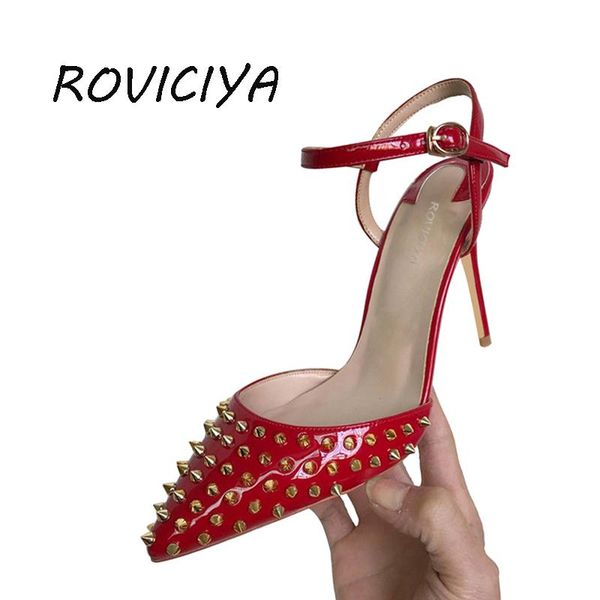 

dress shoes 12cm high heels slingbacks summer pointed toe rivet ankle buckle strap ladies wedding party lx007 roviciya, Black