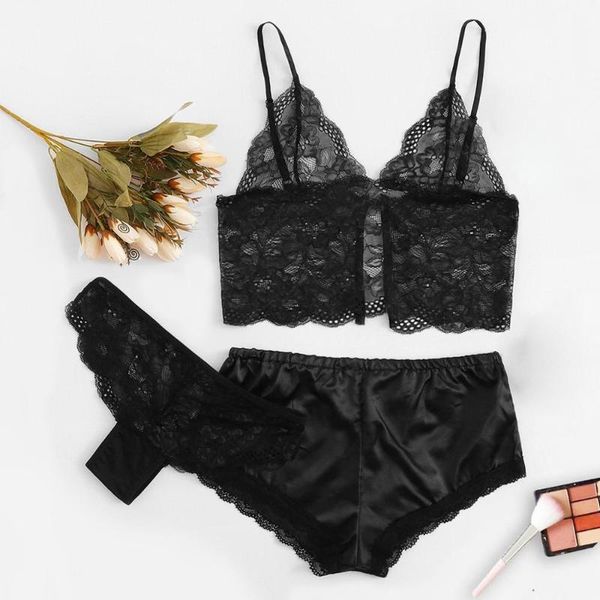 

bras sets 3pc lace underwear set for women sleepwear bra g-string panties lingerie porno erotic babydoll nightwear size s-2xl, Red;black
