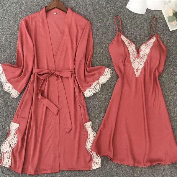 

bride bridesmaid wedding robe women sleepwear set satin v neck nightgown amp bathrobe suit lace trim kimono bath gown lounge, Black;red