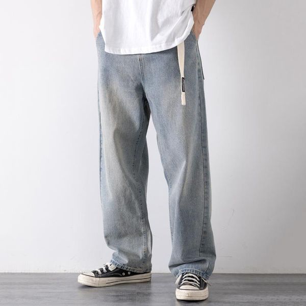

men's jeans loose floor dragging trousers light color straight tube washed retro made trendy brand youth leisure, Blue