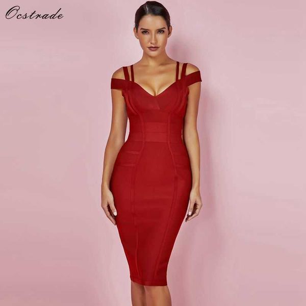 Ocstrade Frauen Verbandkleid Sommer Sexy Schulterfrei Hohe Qualität Weinrot Rayon Plus Größe 210527