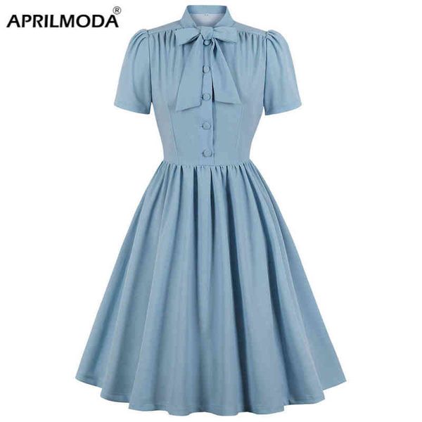 

bow tie neck office party dress retro solid blue hepburn vintage 50s 60s pin up rockabilly robe femme 70s tunic midi sundress y1204, Black;gray