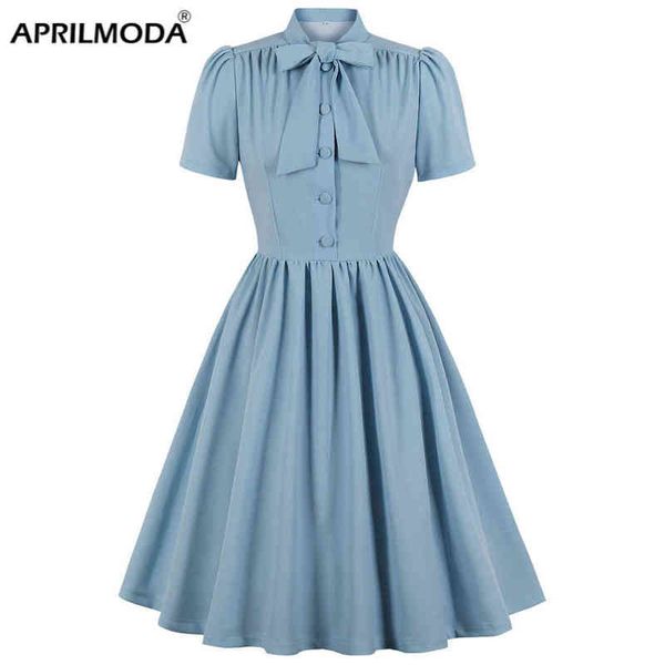 Büro-Partykleid mit Fliege, Ausschnitt, Retro, einfarbig, Blau, Hepburn, Vintage, 50er, 60er, Pin-Up, Rockabilly, Robe, Femme, 70er, Tunika, Midi-Sommerkleid, Y1204