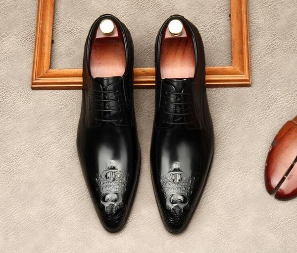

men cowhide dress shoes fashion crocodile texture business casual red bottom loafers party wedding genuine leather pointed toe lace-up forma, Black