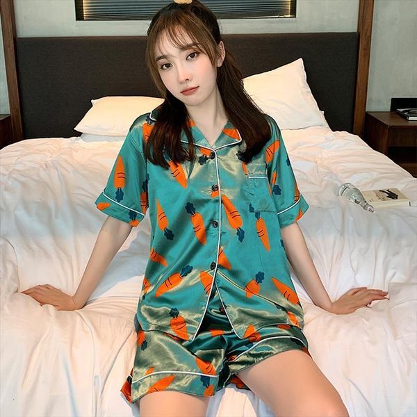 

pajamas summer silk womens sleepwears short sleeve loose print young set pants home clothes, Black;red