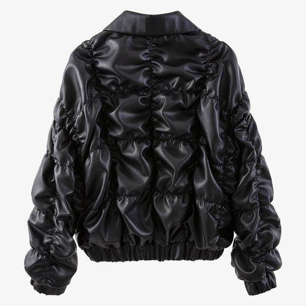

pu leather ruched jacket for women lapel long sleeve casual solid jackets female 2020 autumn fashion new clothing, Black;brown