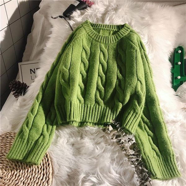

women's sweaters 2021 autumn short twist sweater solid color pullover shirt cotton vintage o-neck, White;black