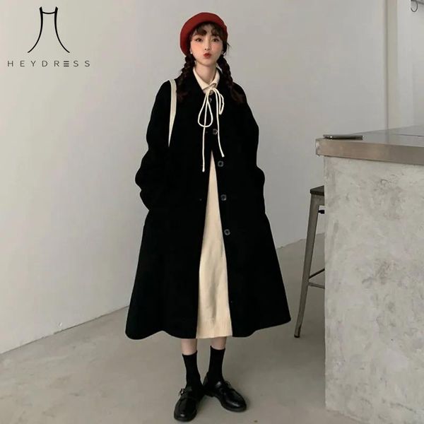 

women's wool & blends hepburn style elegant sailor collar single breasted women thicker long casual college coats vintage loose winter, Black