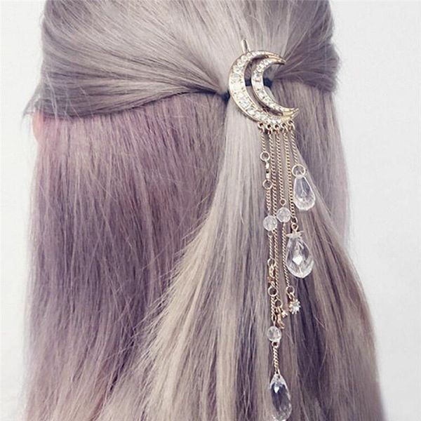 

hair clips & barrettes 1pcs charming crystal moon clip tassels long accessories femme bijoux gold/silver/bronze/rose gold color, Golden;silver