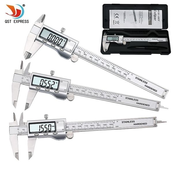 QSTEXPRESS Digital Caliper 150mm Polegada Eletrônica LCD Vernier 0.01mm Medição Measuring Ferramenta Caixa Preta QST639 210922