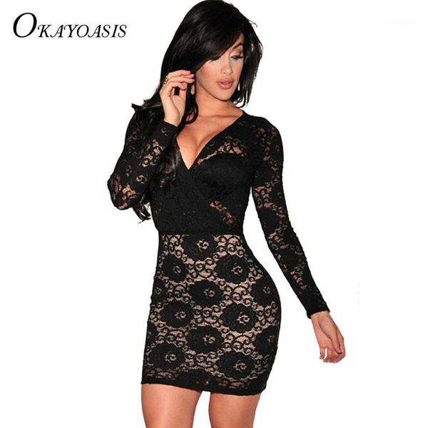 

casual dresses okayoasis summer elegant v neck long sleeve mini dress women vestidos patchwork floral lace party short black, Black;gray