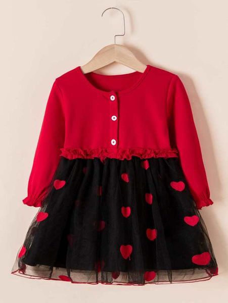 

little girl's ruffle sleeve love embroidery mesh edge dress she, Red;yellow