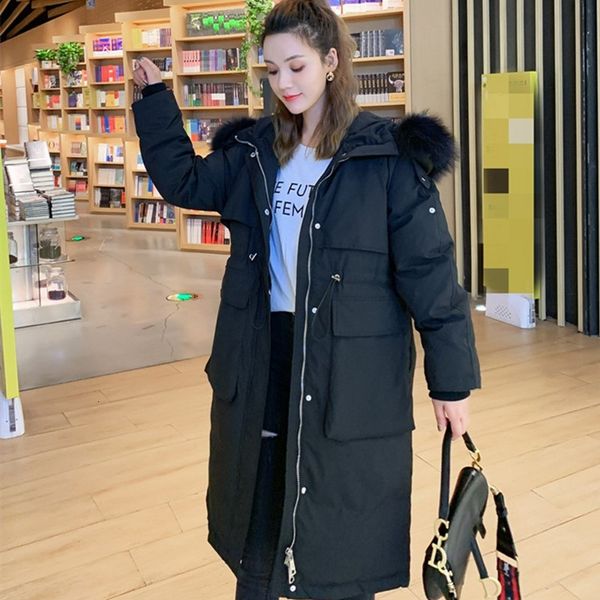 

2021 new thicken women's long stylish white duck down jacket winter relaxed fit thick hoodie raccoon collar oisg, Black