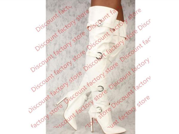 

white pu leather over the knee thigh high boots women high heels shoes pointed toe buckle strap ladies stiletto heel high boots, Black