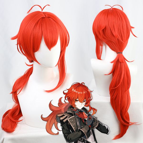 Genshin Impact Diluc Red Traje Cosplay Peruca Longo Gradiente Marrom Marrom Cabelo Sintético Resistente ao Calor